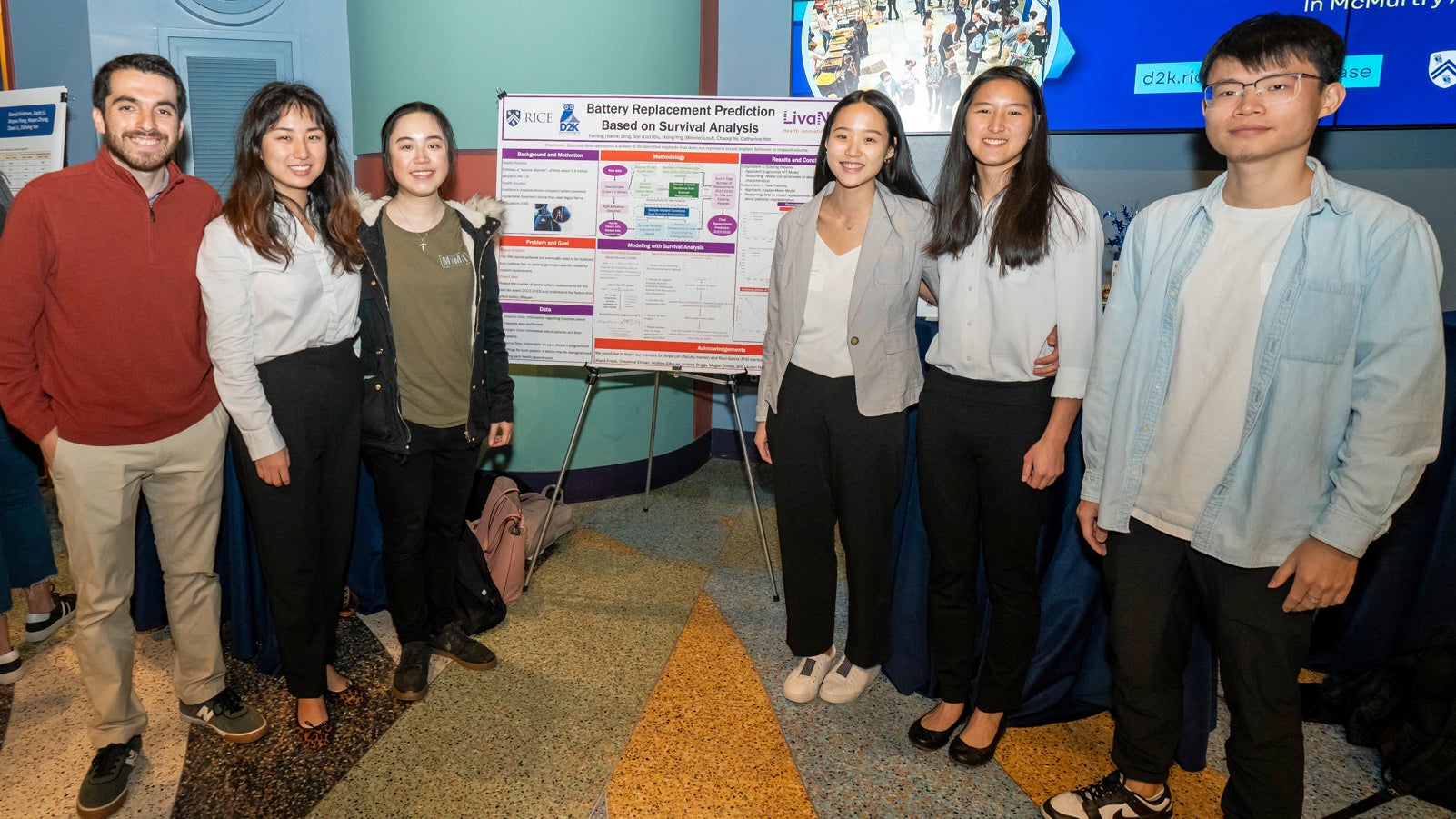  Photo caption: Focusing on optimal battery replacement for epilepsy treatment, Team LivaNova includes CMOR Ph.D. mentor Raul Garcia (far left) with Fanling "Vania" Ding, Siyi “Cici” Du, Catherine Yeh, Hsing-Yng “Winnie” Louh, and Chaoqi Ye. (Photo credits: Gustavo Raskosky) 
